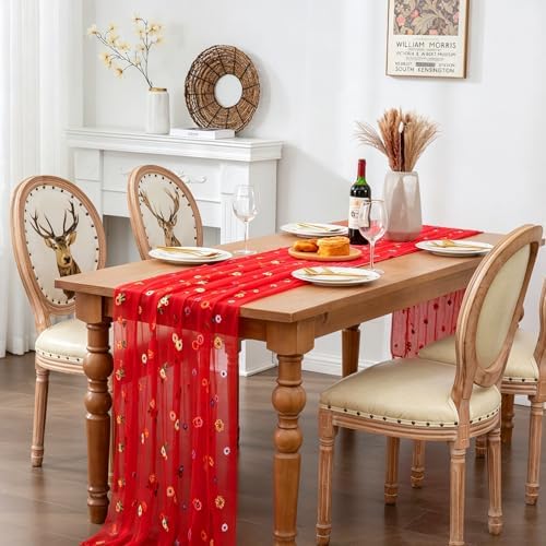 BINBE 6pcs Daisy Spring Table Runner Embroidery Gauze 10FT Florals Seasonal Tulle Holiday Birthday Kitchen Dining Table Decor for Home Party Red - Image 4