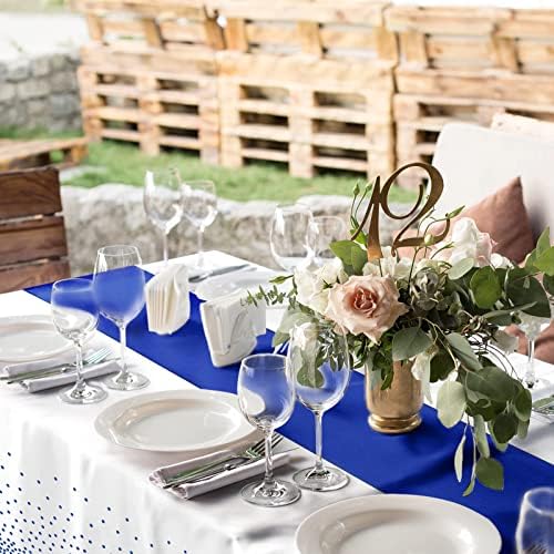 8Pack Disposable Plastic Tablecloths and Satin Table Runner White and Royal Blue Dot Tablecloth Blue Satin Table Runner for Wedding Birthday Baby Shower Anniversary Christmas New Year Party Supplies - Image 6