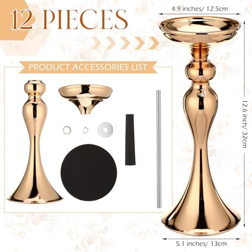 Sadnyy 12 Pcs Metal Flower Arrangements Stand Metal Wedding Centerpiece Stand Gold Vase Centerpiece Tall Table Decor Flower Vase for Wedding Reception Event Party Hotel Home Decor (12.6 Inch) - Image 2