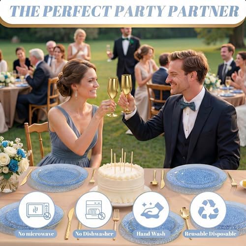 I00000 150 Pcs Clear Blue Plastic Plates, Disposable Hammered Party Plates - Image 6