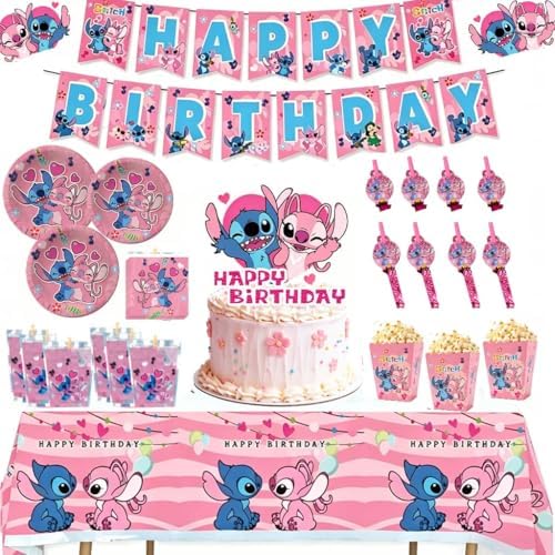 Pink Stitch kids Birthday Party supplies decoration set for 16 Guests–83PCS Set with 16 Plates9'' Napkins popcorn boxes birthday Banner juice labels blowouts Cake Topper & Tableware by Rovercci