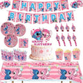 Pink Stitch kids Birthday Party supplies decoration set for 16 Guests–83PCS Set with 16 Plates9'' Napkins popcorn boxes birthday Banner juice labels blowouts Cake Topper & Tableware by Rovercci
