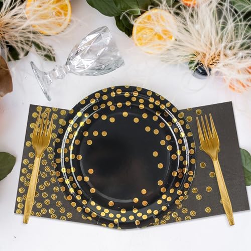 48PCS Black and Gold Plates and Napkins Party Supplies, Gold Dot Disposable Paper Plates and Napkins with Forks Tableware Set for Birthday Wedding Retirement Graduation Party Decorations 16 Guests - Image 5