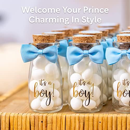 Ethisa Vintage 24 Pack It's a Boy Milk Glass Bottles with Ribbons and Stickers - Classy Baby Shower Favors for Guests and Table Centerpieces - Gender Reveal Boy Decorations - Baby Shower Candy Jar - Image 3