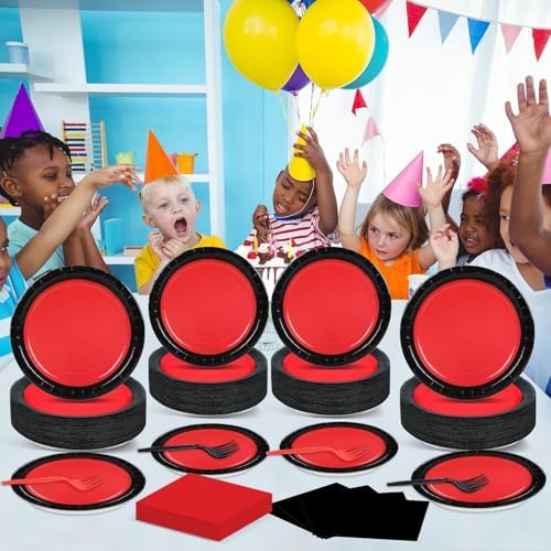 gisgfim 50 Guests Red and Black Party Supplies Decoration Black and Red Birthday Plates and Napkins Forks Red Black Disposable Tableware Red Birthday Party Paper Plates for Boys Girls Party 200PCS - Image 6