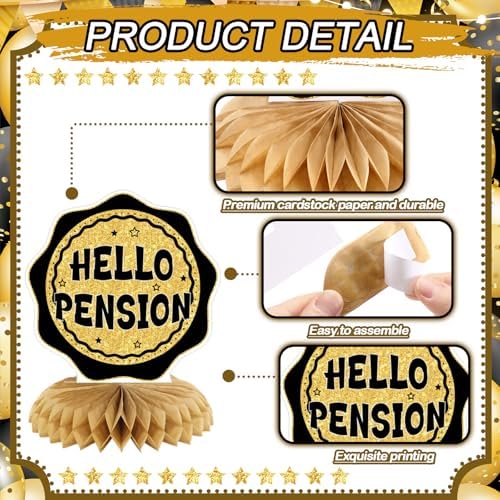 Pickmesh 12 Pcs Retirement Party Decorations Honeycomb Gold Glitter Retirement Table Centerpieces 3D Double Sided Hello Pension Table Decoration Topper for Men Women Party Favors Supplies - Image 4