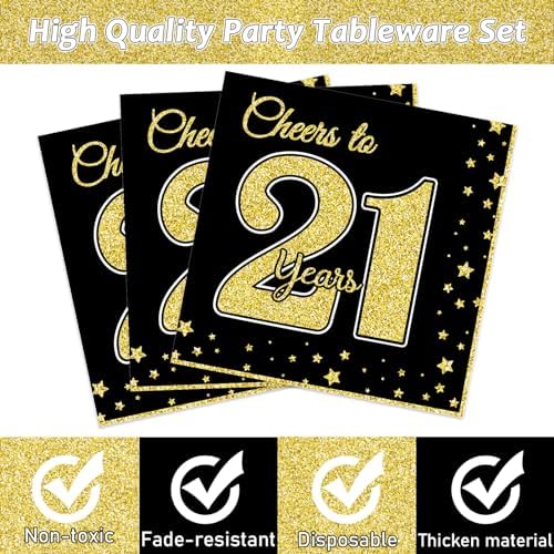 96 Pcs 21st Birthday Party Supplies for 24 Guests Cheers to 21 Years Tableware Table Decorations Black Gold 21st Birthday Plates Napkins Dinnerware for Boys Girls 21 Years Old Party Favor - Image 4