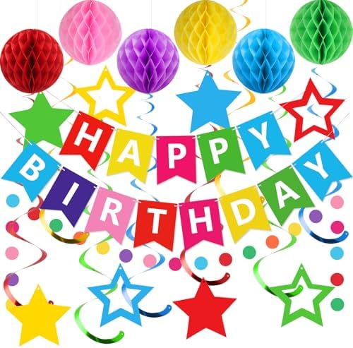 meowtastic Birthday Decorations Happy Birthday Banner with Honeycomb Balls by meowtastic%C2%AE%E2%80%94Idealforyourparty