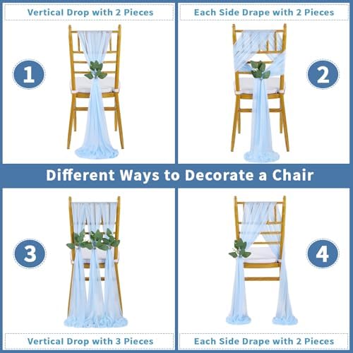 QueenDream Light Blue Chair Sashes Wedding Aisle Decorations: 16 Packs 8ft Long Draping Fabric Sheer Church Chair Cover Bulk for Baby Shower Party Banquet - Image 5