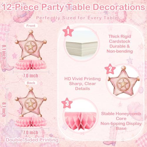 12 Pcs Cowgirl Baby Shower Decorations for Girl - Western Cowgirl Party Supplies - Pink Rodeo Boots Hat Horse Centerpieces for Tables - Cowgirl Honeycomb Table Decor for Baby Shower and 1st Birthday - Image 2