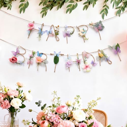Norme 2 Pcs Butterfly Birthday Banner Decorations for Women Wildflower - Image 2