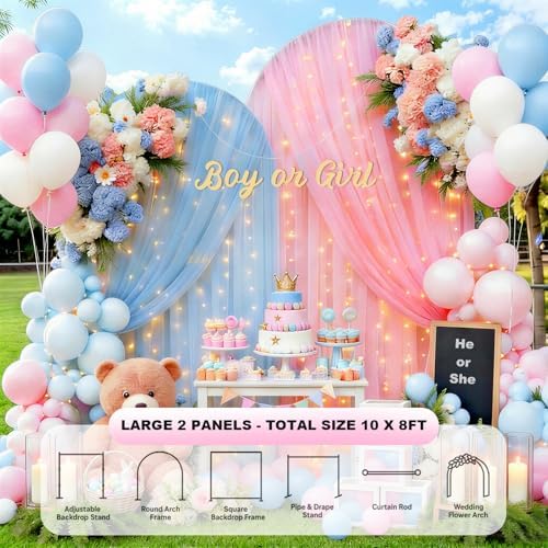 Gallety Tulle Backdrop Curtain with String Lights, 10x8ft Sheer Blue and Pink Backdrop Curtain for Photography, Gender Reveal, Twin Baby Shower, Wedding, Birthday, Baptism, Spring Decorations - Image 3