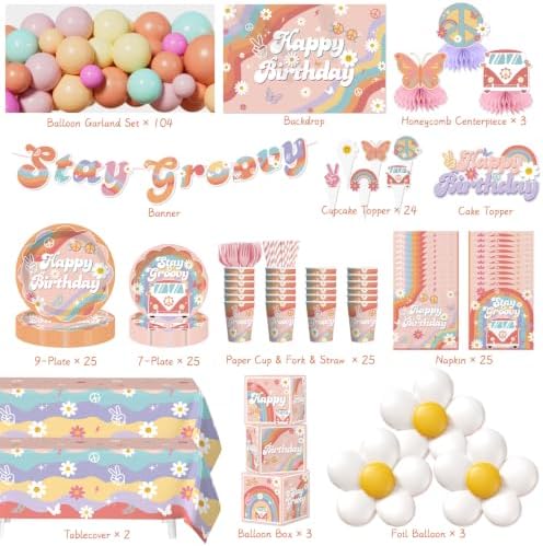 292Pcs Groovy Birthday Decorations, All-in-One Decor Set for 25 Guests - Image 2