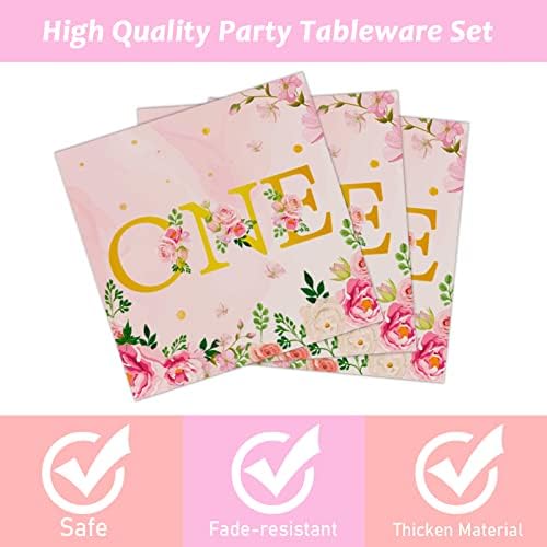 96Pcs 1st Birthday Party Supplies - Girls' One Year Tableware with Floral Birthday Plates, Napkins, Dinnerware, Decorations & Favors for Baby Shower, Serves 24 - Image 3