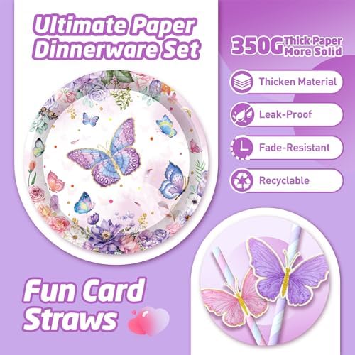146Pcs Wildflower & Butterfly Plates and Napkins Floral Party Supplies Includes Plates, Napkin, Fork, Cup, Straw, Tablecloth, Banner for Baby Shower Birthday Party Decorations, Serves 24 - Image 3