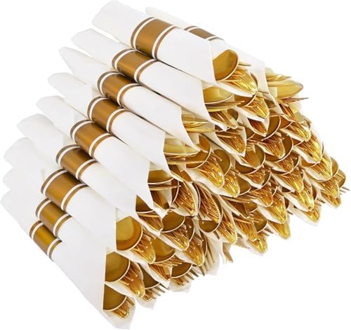 50Pack Pre Rolled Gold Plastic Silverware Set Heavy Duty for Party by Joyido
