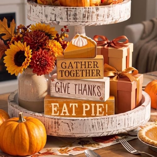 Moucuny 4 Pcs Fall Coffee Table Decor Wooden Pie Topper Thanksgiving - Image 6