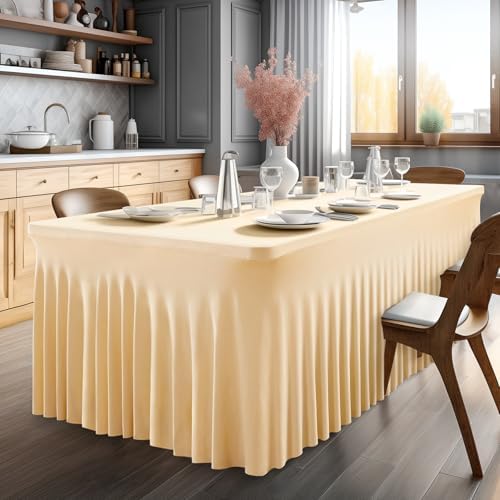 Wish Care 6 Pack Champagne Spandex Table Clothes for 6 Foot Rectangle Tables, 6FT Wrinkle Free Fitted Tablecloths Ruffles Design Table Cover for Party, Banquet, Wedding and Events - Image 5