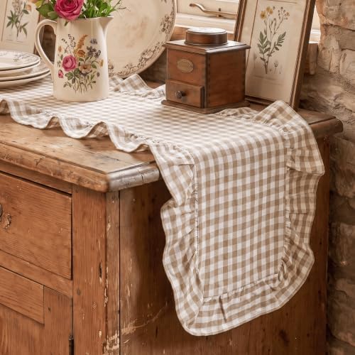 Artoid Mode Brown Farmhouse Plaid Gingham Ruffle Table Runner, Seasonal Scalloped Fall Kitchen Dining Table Decoration for Home Party Decor 13x120 Inch - Image 3