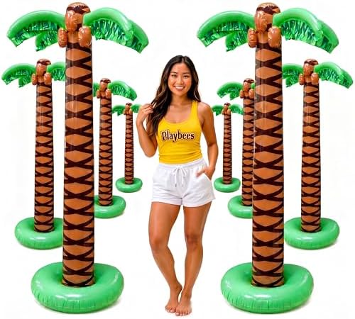 Playbees Giant Inflatable Palm Trees, 66 Inch (5.5 FT), 8 Pack, Tropical Luau Party Decorations for Beach, Poolside, Hawaiian Theme and Outdoor Events, Easy Inflation by Playbees
