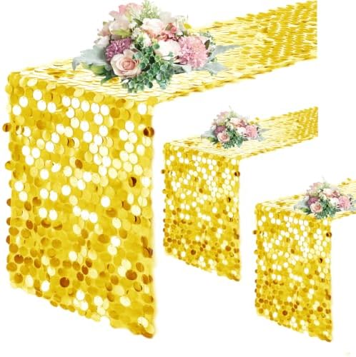 Pufogu 12 "x 108" Yellow Premium Big Payette Sequin Overlay Linens mesh Table Runner, Rectangle Glitter Table Runner for Wedding Party, Birthday Party, Banquet Decor (3 Pack). by Pufogu