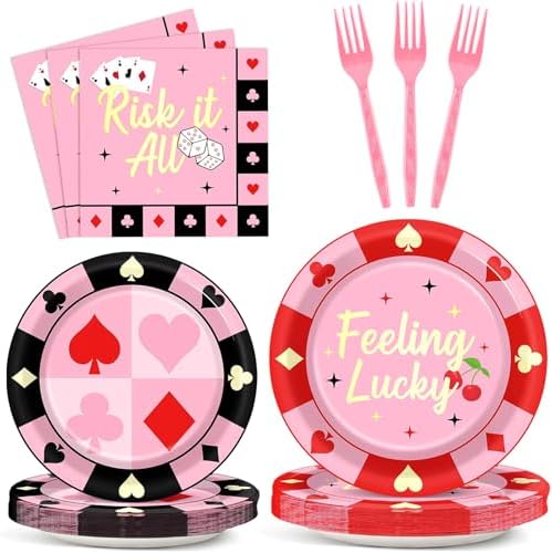 96 Pcs Casino Paper Party Plates and Napkins for Las Vegas Themed Party Supplies Casino Night Poker Dessert Tableware Set for 24 Guests Las Vegas Birthday Bachelorette Party Decorations by CHUNNIN