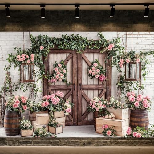 5x4ft Country Wedding Photography Backdrop Floral Rustic Roses Farmhouse Wooden Door Backdrop Pink Flower Birthday Baby Shower Wedding Bridal Party Banner Photo Booth Props Anniversary Background - Image 2