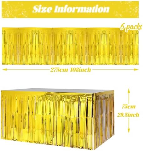 6 PCS Golden Metallic Foil Fringe Tinsel Table Skirts 9 Feet x 29.5 Inch - Image 2