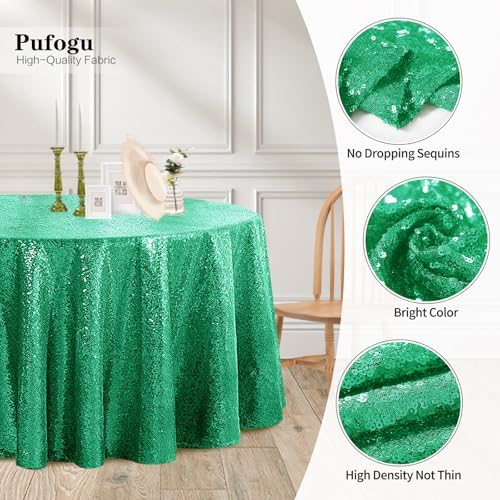 Pufogu 120" Round Grass Green Sequin Tablecloth Glitter White Table Cloths for Birthday Wedding Bridal Baby Shower Party Decorations - Image 3