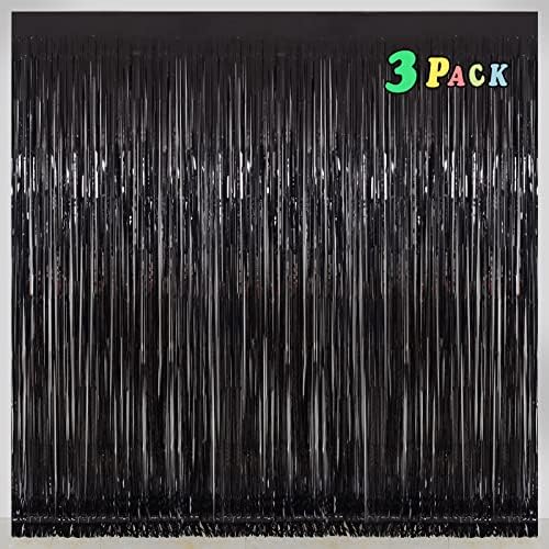 Black Backdrop Foil Fringe Curtain 3 Pack, 3.2 x 8.2 FT Party Decorations by Melsan