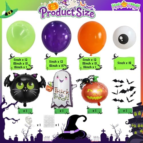 Halloween Balloon Arch Garland Kit, Dark Purple Bright Light Lime Green Orange White Eyeball Balloons with 3D Bat Pumpkin Spider Ghost Foil Balloon for Halloween Spooky Indoor Outdoor Party Decoration - Image 2