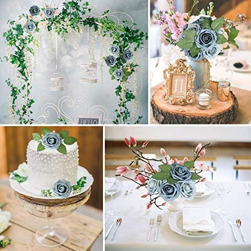 AmyHomie Dusty Blue Rose 25pcs Real Looking Artificial Flowers w/Stem - Image 5