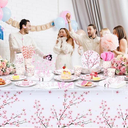 Funnymoom 452 Pcs Cherry Blossom Party Decorations Supplies Include Cherry Blossom Paper Plates Napkins Cups Tablecloth Cutlery Straws for Baby Shower Birthday Bridal Shower Wedding Party - Image 6