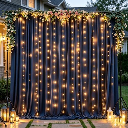 Navy Blue Backdrop Curtains with Lights for Parties,10x10FT Wrinkle Free Wedding Photo Backdrop Curtains for Baby Shower Birthday Graduations Home Party Decorations-5ft x 10ft by Partisky