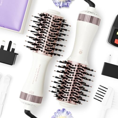 Travel Dual Voltage Hair Dryer Brush 4-IN-1 Portable Mini Hot Air Blow Dryer Straightener & Curler Brush, Titanium Round Blowout Styler Volumizer Tools, 110/240V US/EU/UK Plug for International Travel by MayAllDreamsRealizedEndingMisfortuneInAuspicious