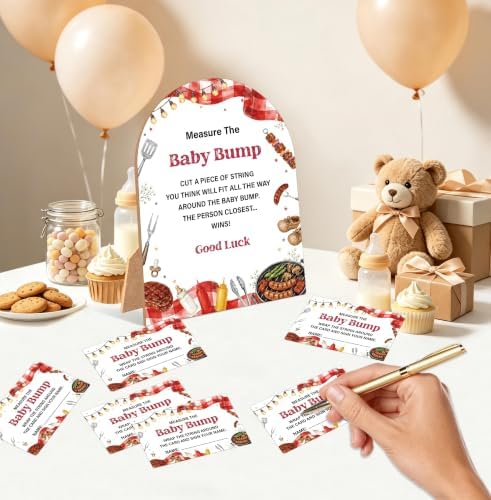 Baby-Q Baby Shower Games, BBQ Measure The Baby Bump Game, 6x8 Inch Arch Wooden Sign With Stand And 50 Guessing Cards, Gender Reveal Party Supplies & Decorations - AD12 - Image 3