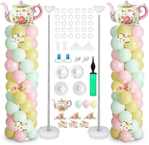 2 Sets Tea Party Balloon Column Stand Kit with Let's Partea Backdrop & 100 Balloons Adjustable Balloon Tower Stand with Bases for Girls Birthday Baby Bridal Shower Garden Party Decor Supplies by EYNDYN