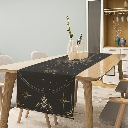 Magical Sun Table Runner Boho Vintage Moon Phases Stars Radial Circles Crescents Dinner Runner for Farmhouse Party Holiday Home Kitchen Dining Table Decoration 13"x70" - Image 2