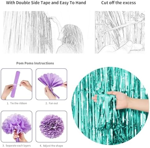 Mermaid Birthday Decorations Purple Teal Blue Party Balloons Happy Birthday Banner Dots Garland Purple Turquoise Green Fringe Curtain Pompom Swirls for Girl Women Baby Shower Party Decoration - Image 7