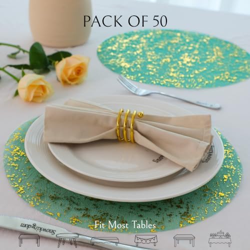Snowkingdom 50pcs Green Gold Placemats Round Disposable 13" Golden Charger - Image 2