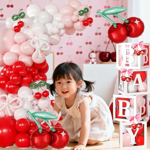 Cherry on Top Baby Shower Decorations for Girl - Red Pink Party Supplies Include Balloon Garland Arch, Backdrop, Tablecloth, 4 Boxes, Foil Balloons - She is the Cherry On Top Decor Gingham Check - Image 4