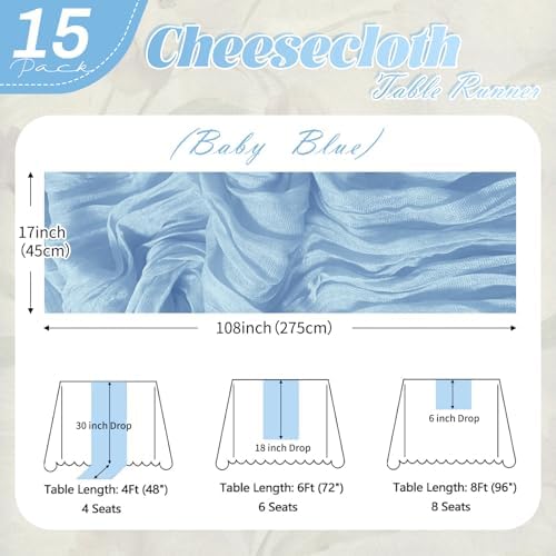 15 Pack Baby Blue Cheesecloth Table Runner 17 x 108 inch Cheese Cloth Table Runners 9ft Blue Table Runner Rustic Romantic Sheer Gauze Runner for Wedding Party Baby Shower Table Decoration - Image 2