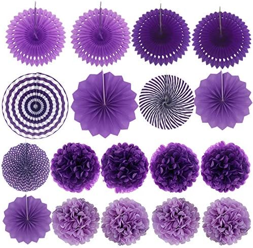 ZERODECO Party Decoration, 21 Pcs Purple and Lavender Hanging Paper Fans, Pom Poms Flowers, Garlands String Polka Dot and Triangle Bunting Flags for Birthday Parties, Wedding, Mermaid Party - Image 7