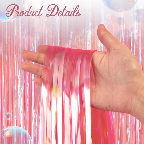 2 Pack Pink & Green Party Streamers Backdrop Curtains, 3.3x8.2ft Holographic Tinsel Foil Curtain Photo Booth Props for Birthday, Wedding, Holiday Celebration, Bachelorette, Theme Decorations - Image 3