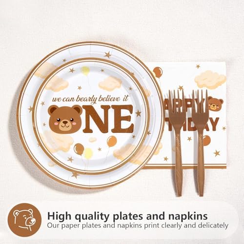 Grencian 96Pcs Brown Beary First Birthday Party Decoration, Serve 24 - Image 2