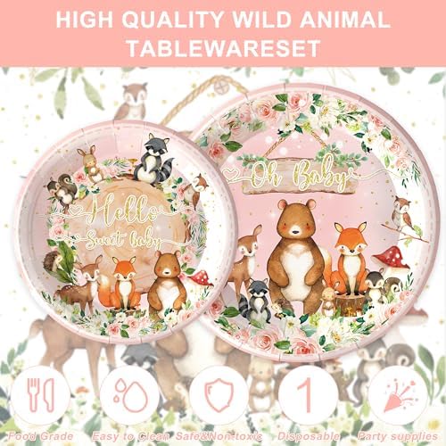 120PCS Woodland Party Supplies for Girls Baby Shower Pink Wild Animal Decorations Plates Napkin Cups Forks Knives Tableware Set for 20 Guests - Image 3