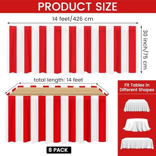 Fovths 8 Packs Red and White Striped Table Skirt Circus Table Skirt Carnival Theme Party Decorations Circus Tables Decorations for Concession Stand Holiday Party Supplies, 14 ft x 30 inch - Image 2