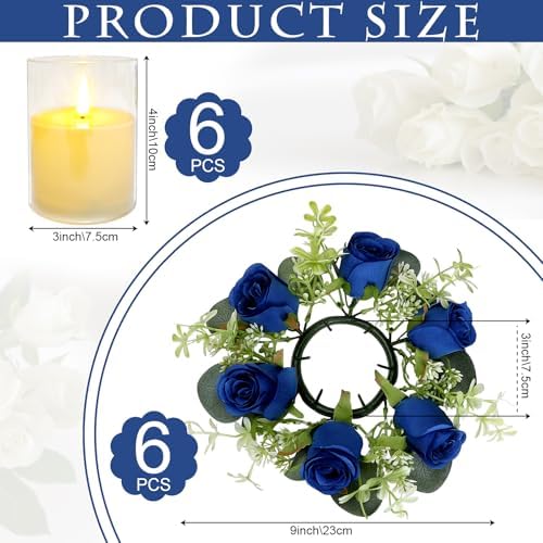 6 Sets Artificial Roses Candle Rings with LED Candles, Royal Blue - Image 2