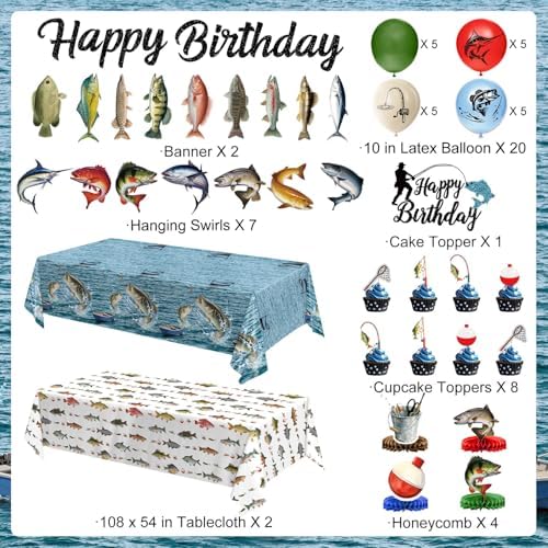 Fishing Birthday Party Decorations - Plates, Napkins, Cups, Cutlery, Honeycomb Centerpieces, Banner, Hanging Swirls, Tablecloths, Toppers, Balloons for Ofishally One Birthday Decorations, Serves 24 - Image 2