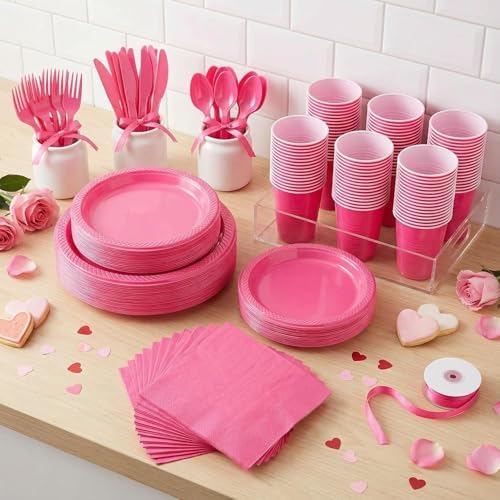 WELLIFE 210Pcs Hot Pink Plastic Plates, Pink Disposable Plates for Party - Image 3